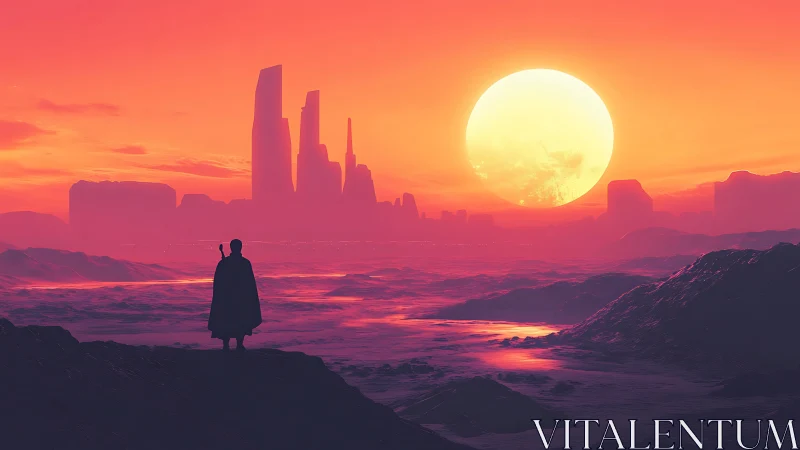 Lone wanderer studies a neon desert city at molten sunset