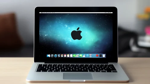 Sleek laptop on desk with glowing cosmic display wallpaper.