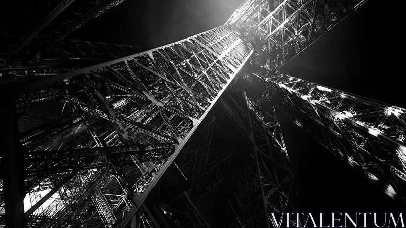 Eiffel Tower structure in dramatic black and white abstract view.