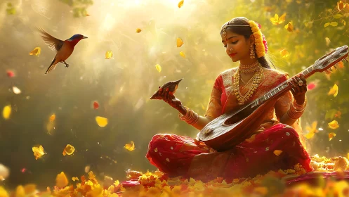 Woman in traditional attire plays string instrument among birds