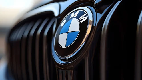 Close-up of BMW Car Emblem on Glossy Black Grille, Modern Style.