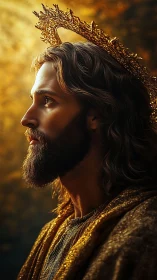 Radiant holy figure in profile beneath golden halo light.