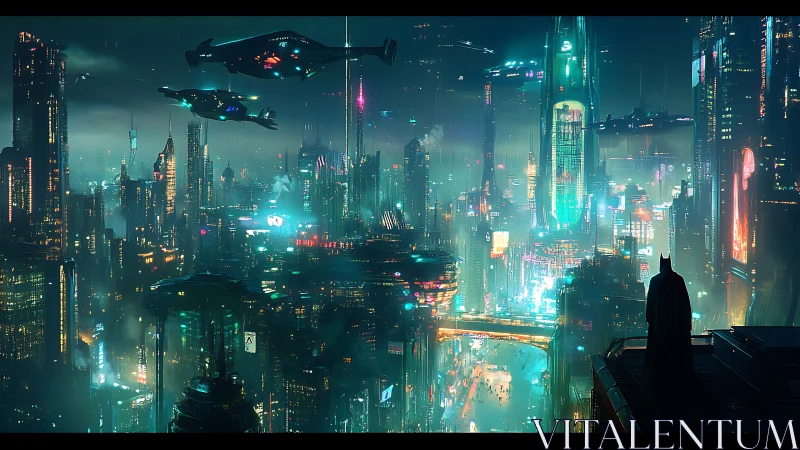 Noir vigilante surveying hyper-dense cyberpunk megacity skyline.