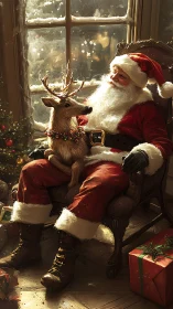 Santa shares a cozy fireside moment with a gentle reindeer.