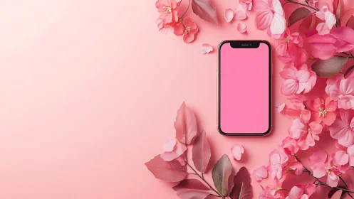 Smartphone mockup on pink floral background.