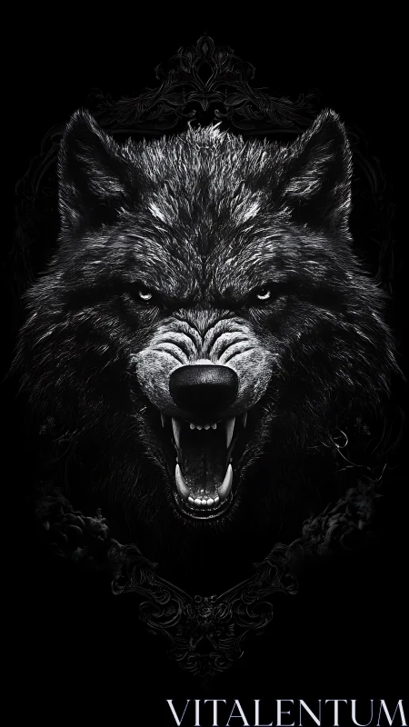 Monochrome frontal wolf head with bared teeth on black ground.