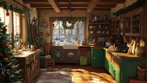 Rustic kitchen interior with winter and festive decor.