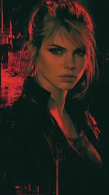 Neon vigilante in crimson glitchlight stares back.