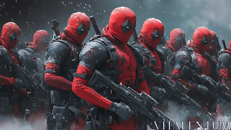 Paramilitary red-suited clones advancing through snowfield formation.