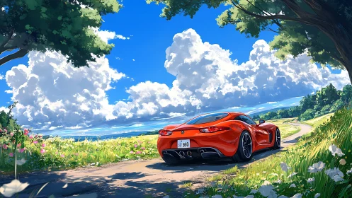 Red sports car on country road under vast summer sky.