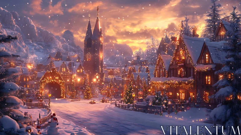 Snowy Christmas village glows with warm festive lights at dusk.