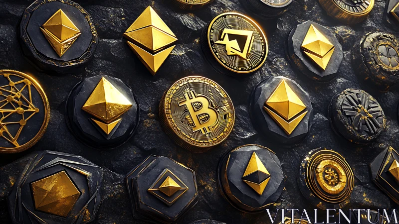 3D metallic crypto coin wall with faceted gold emblems.