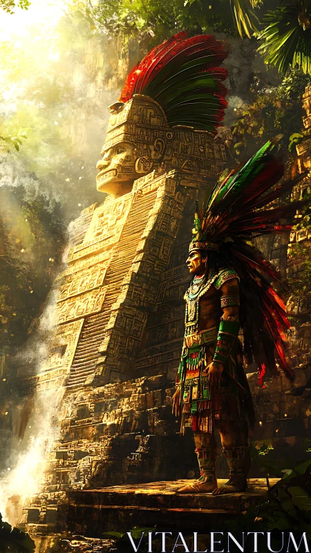 Warrior in feathered armor stands before carved stone monument