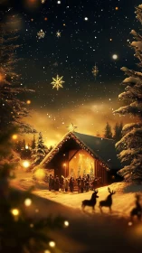 Cozy snowy cabin gathering under a glowing winter sky.