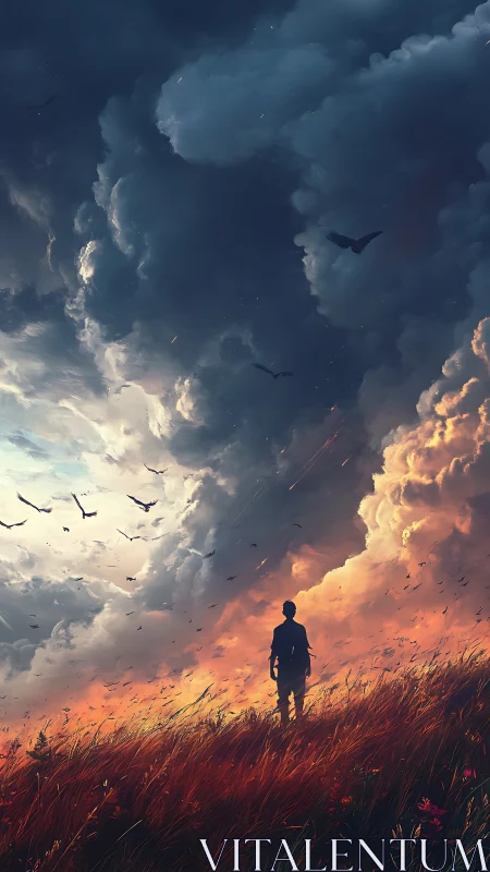 Solitary figure studies stormlit sky over burning meadow