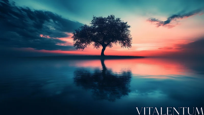 Solitary tree reflects in tranquil neon sunset waters.