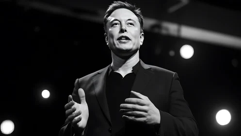 Person in dark suit speaks onstage under round stage lights