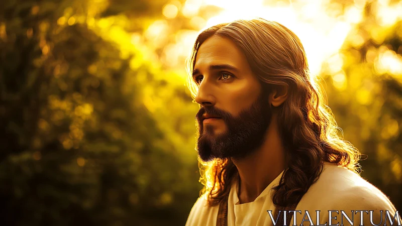 Bearded robed man gazes upward through warm golden light