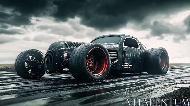Futuristic wide-body hot rod on wet highway under stormy sky.