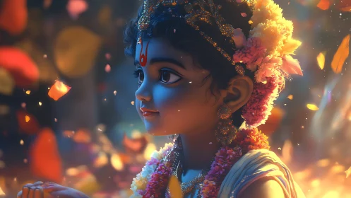 Gentle blue child in garlands of light and drifting petals.