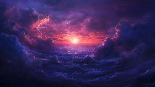 Radiant cosmic sunrise glows between stormy violet clouds