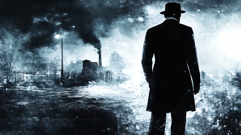 Silhouetted man overlooks smoky industrial city street