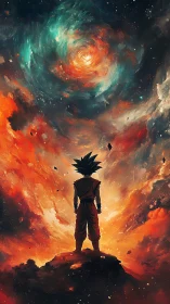 Silhouetted warrior studies spiral nebula in incandescent cosmos