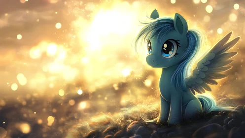 Winged blue pony sits in glowing golden sunset field