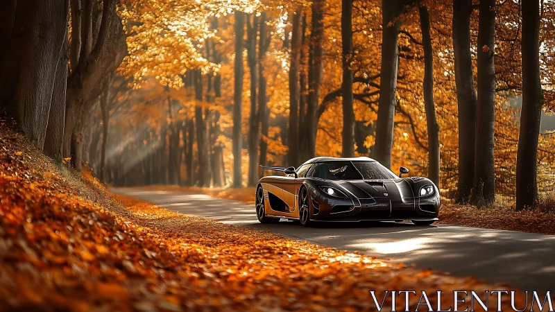 Sleek black supercar glides through a glowing autumn forest road