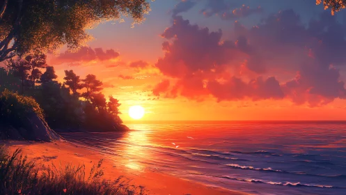 High-saturation coastal sunset with volumetric clouds and specular sea