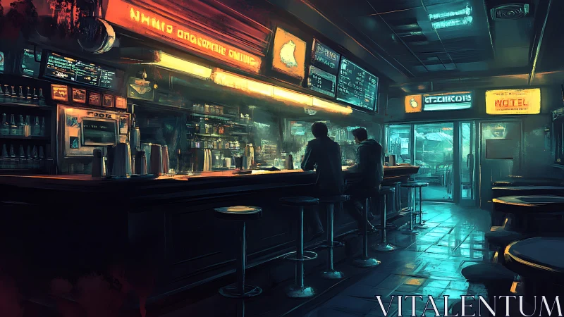 Neon lit cyberpunk diner interior with moody bar patrons.