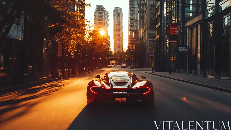 Supercar glides through sunlit city boulevard at golden hour.