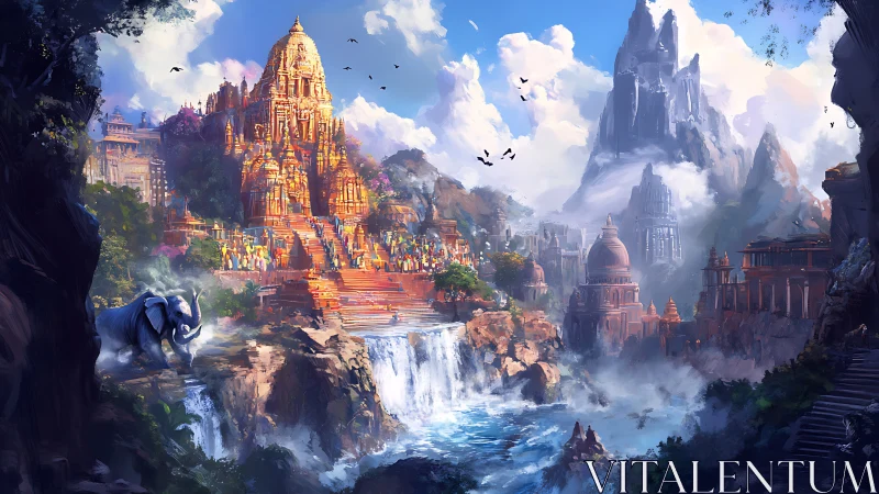 Sunlit temple waterfalls in a misty mountain kingdom.