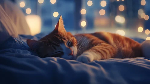 Ginger Cat Rests Among Glowing City Lights.