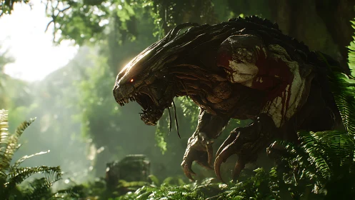 Savage alien beast stalks prey through a sunlit jungle