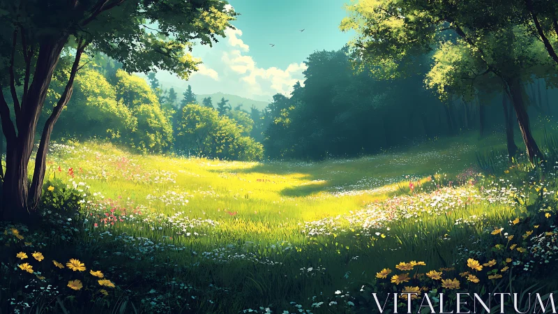 Sunlit wildflower meadow under lush forest canopy.