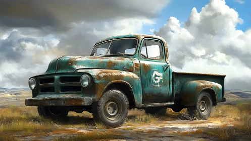 Rusty turquoise pickup truck parked in open rural landscape.