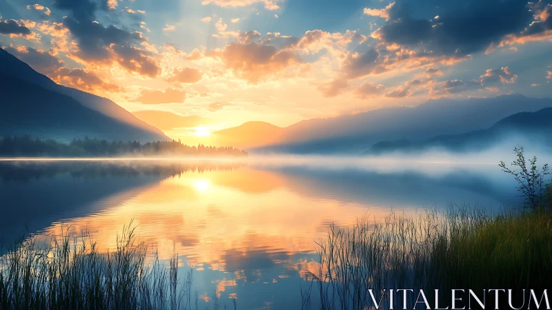 Mountain lake sunrise with reflected clouds and mist layers.