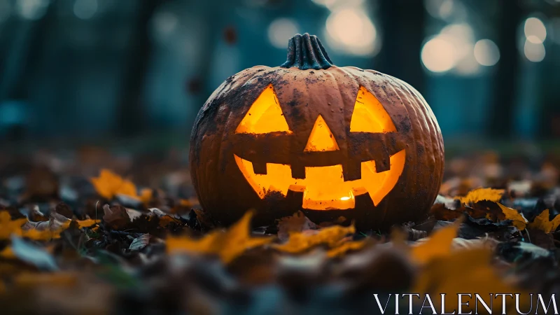Glowing jack-o’-lantern smiles warmly in an autumn dusk garden