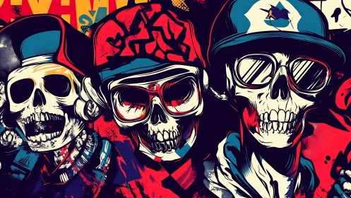 Neon graffiti skull trio with streetwear caps and bold outlines.