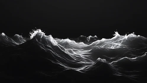 Luminescent waves surging through a void-black seascape.