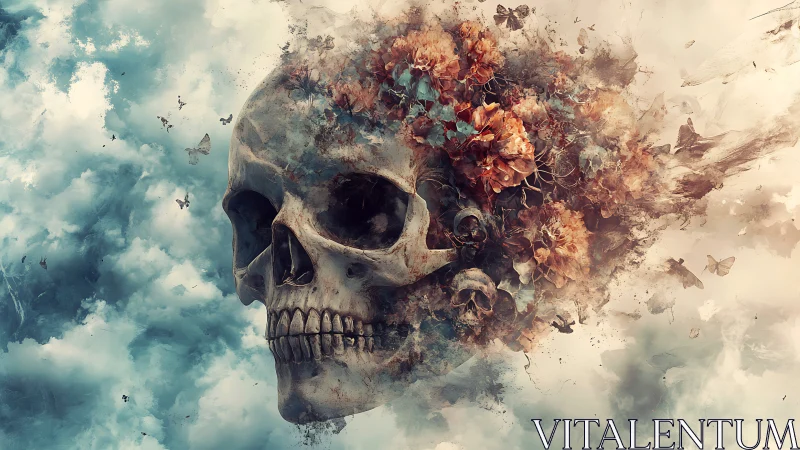 Skull dissolving into flowers, clouds and butterflies.