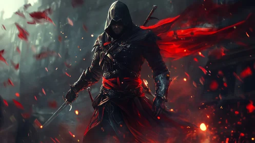 Hooded swordsman stands in red-lit ruin with flowing fabric