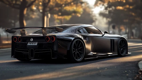 Black NS50 sports car on city road at golden sunset.