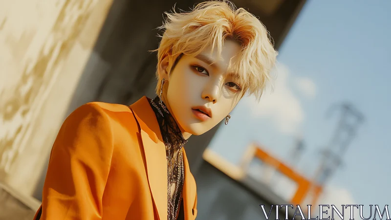 Stylized blond figure in orange jacket against urban backdrop