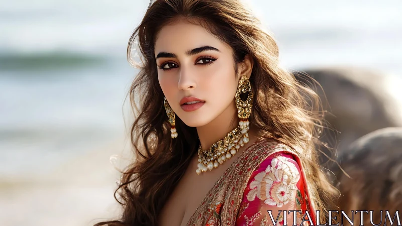 Woman in ornate traditional attire near shoreline background.