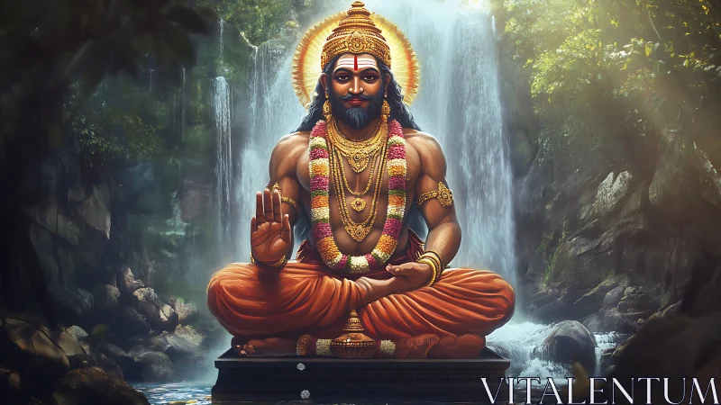 Golden-robed sage meditates calmly before a lush waterfall