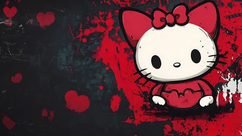 Kawaii feline icon in gritty red-black grunge compositing.
