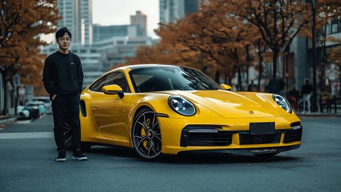 Young man stands beside yellow sports car in city street.
