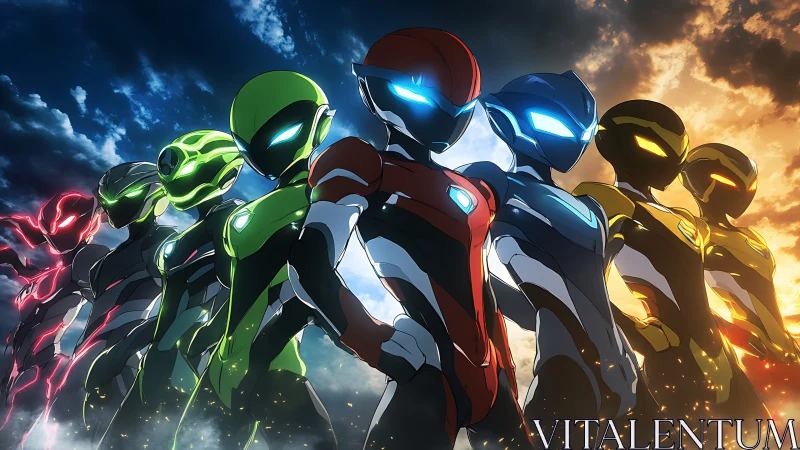 Seven armored humanoid figures in colored suits aligned.